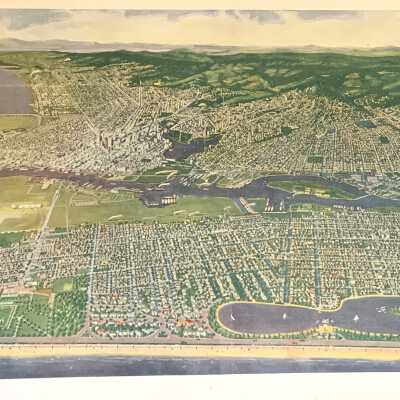 Identical prints of panoramic drawing of proposed developments, c. 1930s