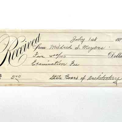 Examination Fee Receipt, Board of Architects, to Mildred Meyers, 1926