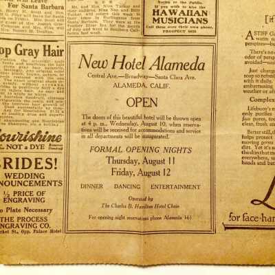 S.F. Examiner ad for formal opening nights Hotel Alameda, 1927