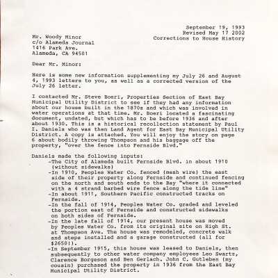 Paper and letter about home at 1622 Fernside Blvd, 2002