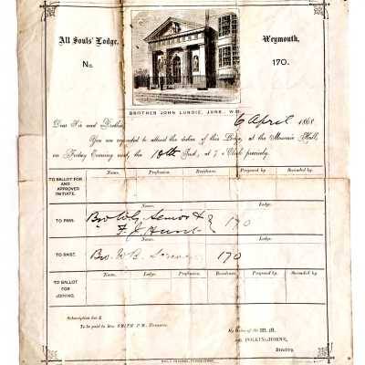 Invitation of F. J. Hunt to attend Lodge meeting, Weymouth, England, 1868