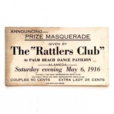 The Rattlers Club Prize Masquerade Ticket, Palm Beach Dance Pavilion, 1916