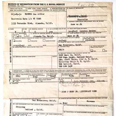 Notice of separation from the the Naval Service, for Gus Ekberg, 1945