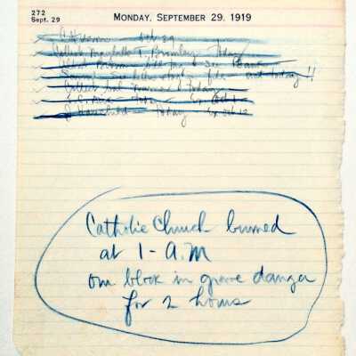 Journal Page with notation burning St. Joseph's Church, 1919