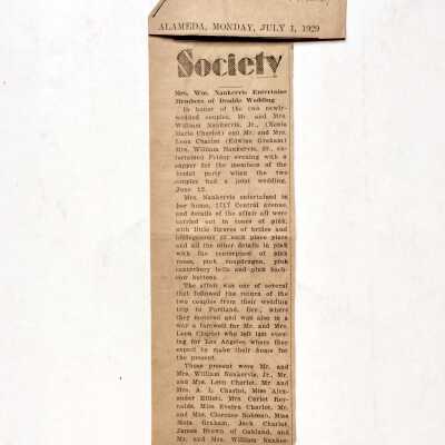 Newspaper Clipping, Marriage William Nankervis and Xenia Marie Charlot, 1929