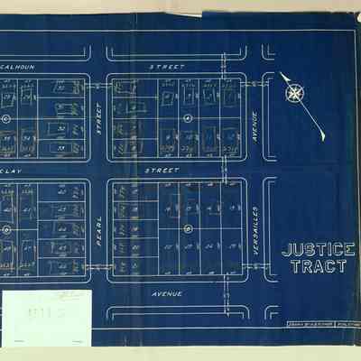 Subdivision map of the Justice Tract with annotations, after 1928