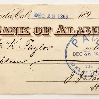 Bank of Alameda check payable to E. K. Taylor, 1895