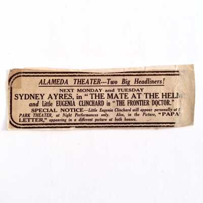 Clipping about The Frontier Doctor at the Alameda Theatre, c. early 1900s