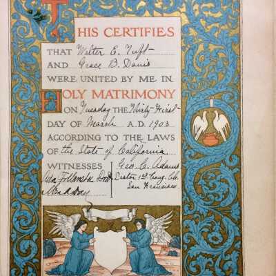 Marriage certicate W. E. Tuft and G.B. Davis, 1903