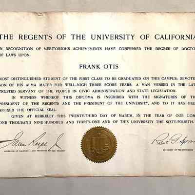 Certificate Law Degree, UC, awarded Frank Otis, 1931