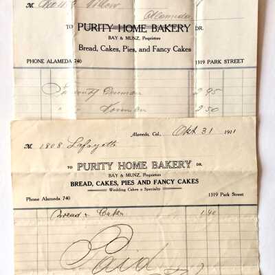 Receipts from Purity Home Bakery, 1911-1914