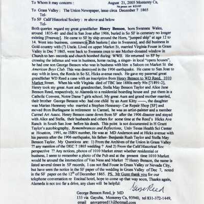 Typed letter about Henry Benson, 2005