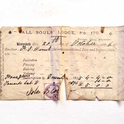 Receipt membership All Souls Lodge, Weymouth, England, of F. Hunt, 1876