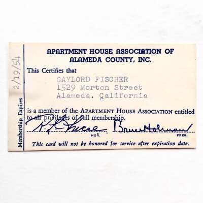 Apartment House Association Membership card issued to Gayloard Fisher, 1953