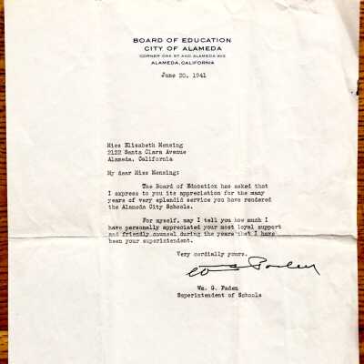 Letter from Board of Education to Elizabeth Mensing upon her retirement, 1941