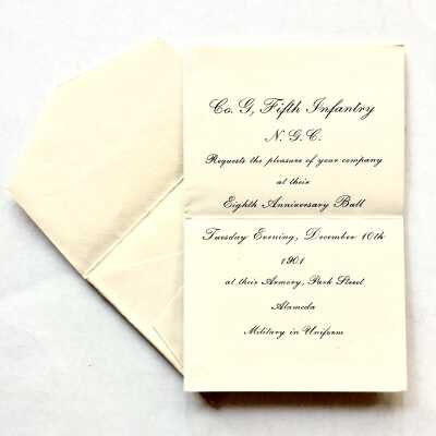 Invitation and envelope to Company G anniversary Ball, 1901