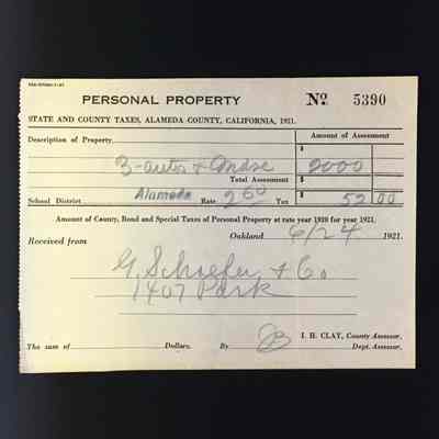 Receipt for payment state and county taxes on personal property, 1921
