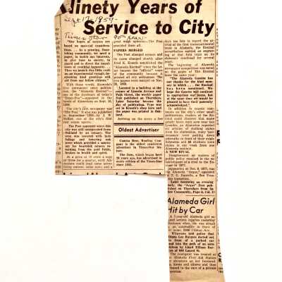 Clipping '90 Years of Service to City' about early newspapers, 1959