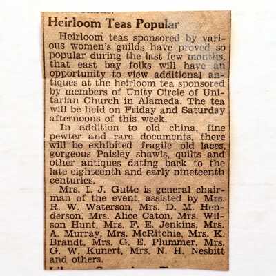 Clipping 'Heirloom Teas Popular' about a tea at the Unitarian Church, c. 1930s