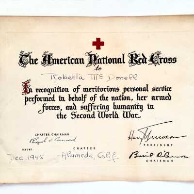 Red Cross Certificate awarded Roberta McDonell, 1945