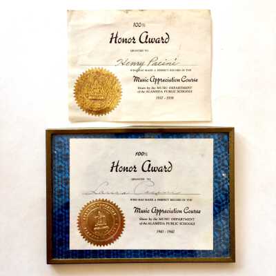 Perfect Music Class Attendance Awards of Pacini siblings, 1938, 1942