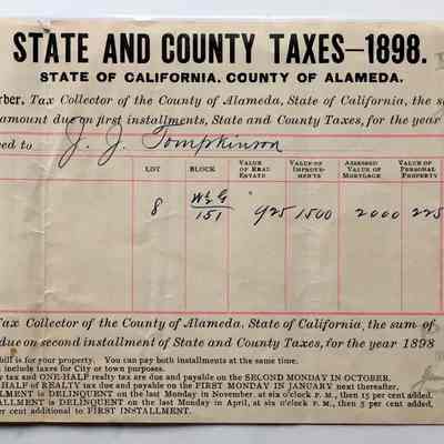 Receipt for State and County Taxes for 2029 San Antonio Ave, 1898