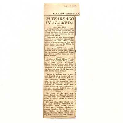 Newspaper Clipping, party by Mr. & Mrs. Jesse James, Encinal Ave, 1915