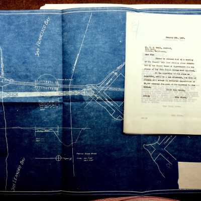 Correspondence and blueprint about repair of old Bay Farm Island Bridge, 1926-1930