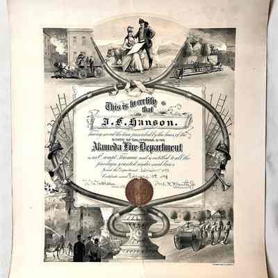 Certificate awarded John F. Hanson for serving Exempt Fireman, 1899
