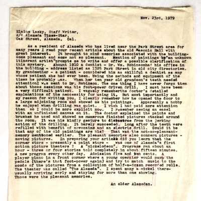 Typed letter about the Masonic building and William Robinson, 1979
