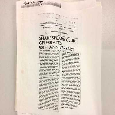 Newspaper clippings about the Shakspere Club, 1907-1945