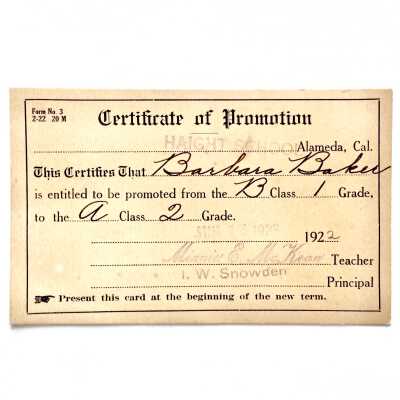 Certificate of promotion to 2nd grade, Haight School, 1922