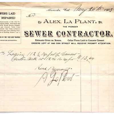 Receipt for services from Alex LaPlant, Sewer Contractor, 1903