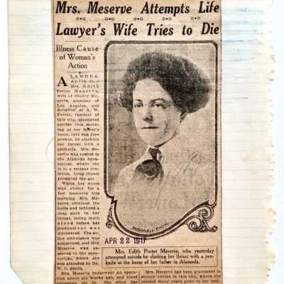 Newspaper clipping re attempted suicide Mrs. Edith Porter Meserve, 1917