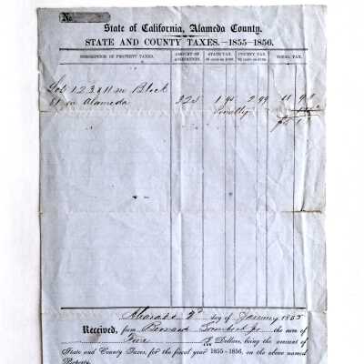 Receipt payment taxes property corner Encinal & High, 1855-1856