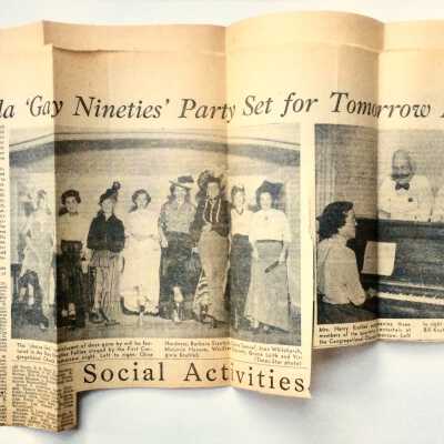 Clipping about a Gay Nineties costume party at 1st Congregational Church, 1950