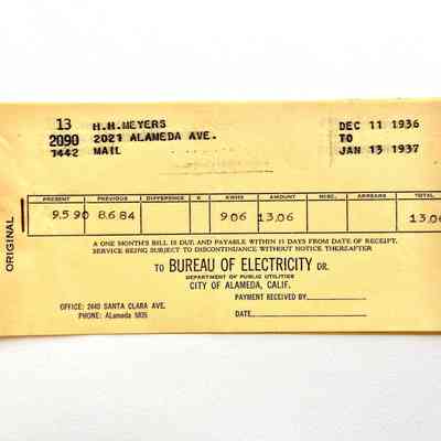 Municipal Electric Light Plant Bills for 2021 Alameda Ave, 1936-1937