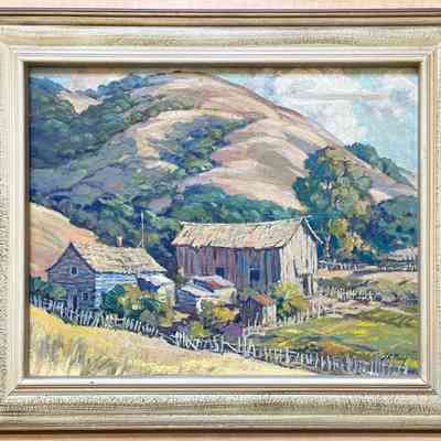 Painting of a pastoral scene with farmhouse and barn, by J.R. Ford, c. 1940-1950
