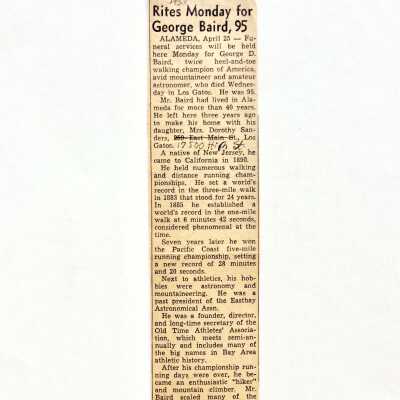 Clipping 'Rites Monday for George Baird, 95', 1958