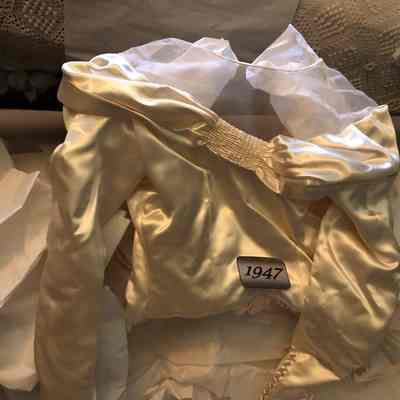I Magnin Wedding Gown and Veil in box, of Lois Jean Smith Hoffman, 1947