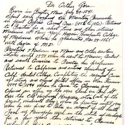 Handwritten Biographical sketch of Dr. Arthur Gore, 1841-1924, prior 1999