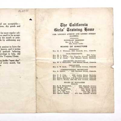 Pamphlet advertising 'The California Girls' Training Home', after 1906