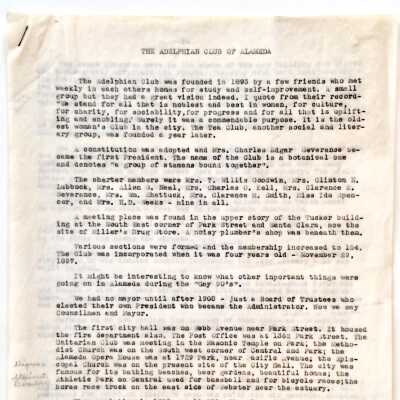 Carbon copy of speech 'The Adelphian Club' by Myrtle Richardson, 1965
