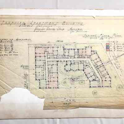 Colored Architect's pencil sketch interior of a proposed apartment building.