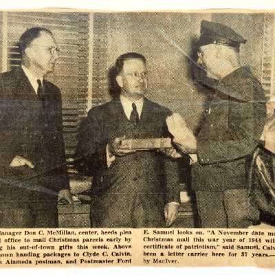 Newspaper clipping re Christmas mailing because of WWII effort, 1944