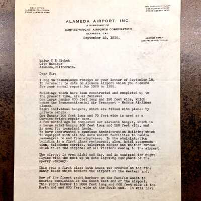 Letter about services at Alameda Airport, subsidiary of Curtiss-Wright, 1930