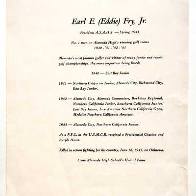 Printed testimonial for Earl E. Fry Jr., prior 2006