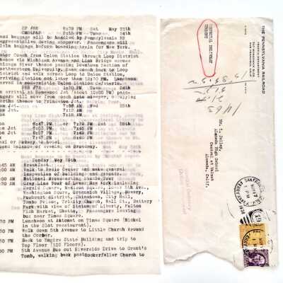 Itinerary in envelope from the Pennsylvania Railroad Co. to Coach Jolley, 1938