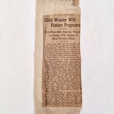 Clipping 'Child Wonder Will Feature Program' about Eugenia Clinchard, c. early 1900s