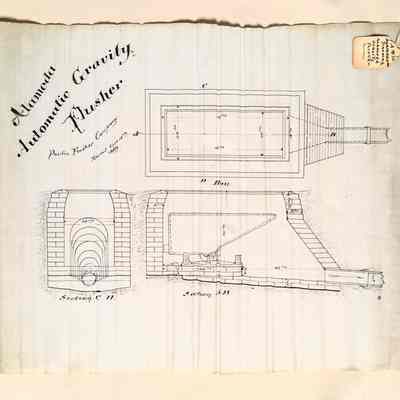 Drawing of a gravity flusher used in the sewer system, 1889